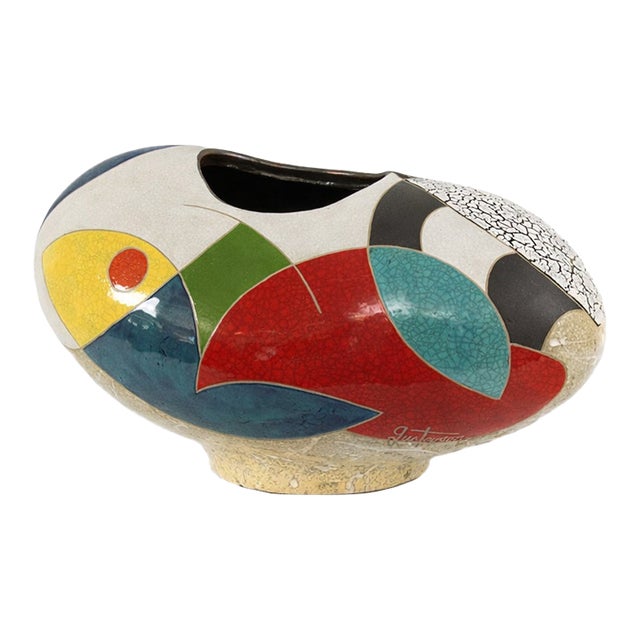 "Change of Mind" by Michael Gustavson, Raku Ceramic Vessel, Sandy Crackle Ground With Navy Teal and Red Glaze, Contemporary California Art For Sale