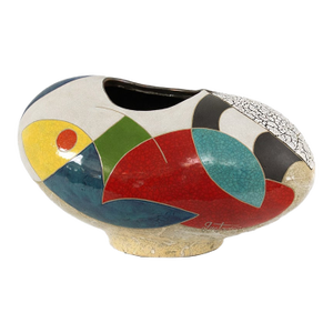 "Change of Mind" by Michael Gustavson, Raku Ceramic Vessel, Sandy Crackle Ground With Navy Teal and Red Glaze, Contemporary California Art