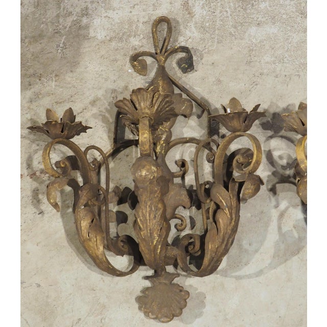 Set of Four Vintage French 3-Arm Iron and Tole Sconces, Distressed Gilt Finish For Sale - Image 15 of 18
