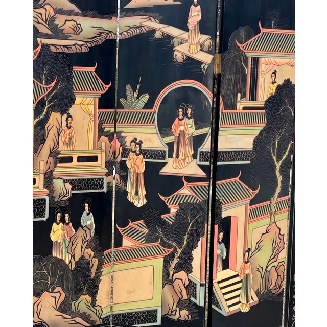 1970s Mid 20th Century Asian Ebonized Coromandel 8 Panel Room Divider Screen For Sale - Image 5 of 15