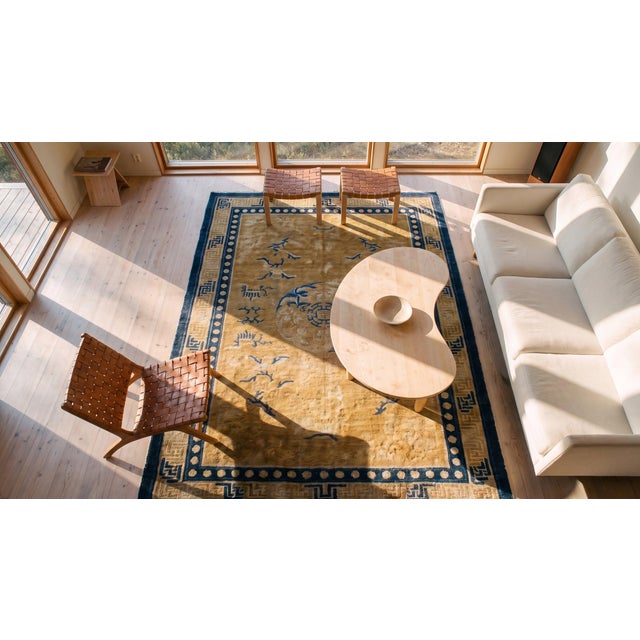 1800s Yellow Gold Medallion Antique Chinese Ningxia Carpet 4'10" X 6'10" Knotted Pile Wool Rug For Sale - Image 12 of 13