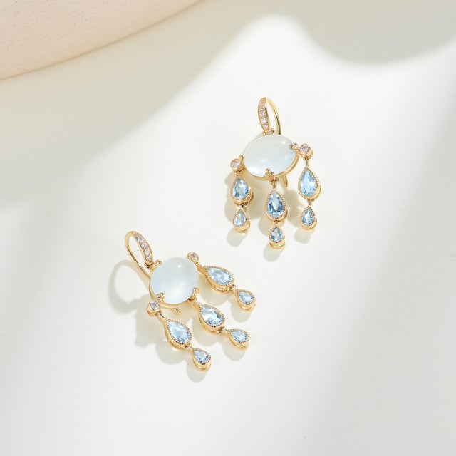 Nina Zhou Jewelry Nina Zhou Rainy Day Aquamarine Diamond Chandelier Drop Earrings in 14k Yellow Gold - A Pair For Sale - Image 4 of 6