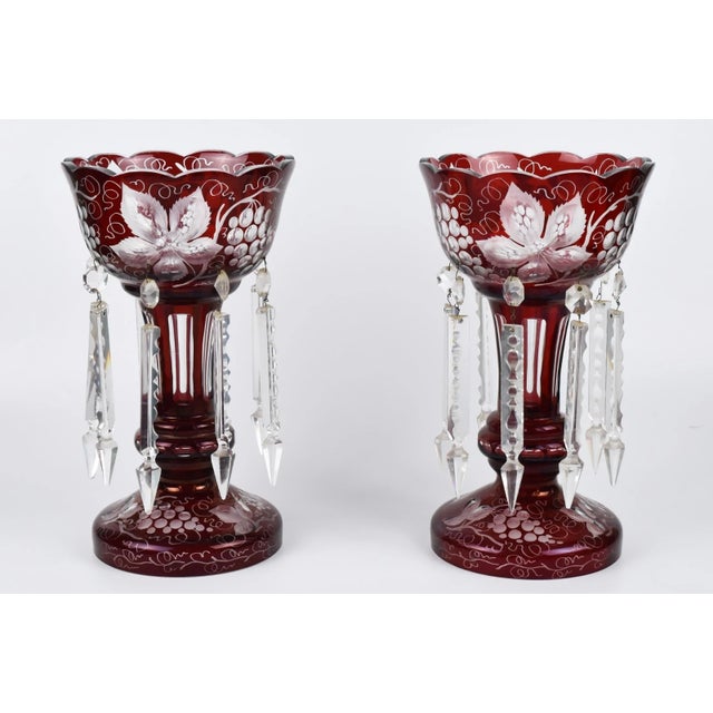 Antique Pair Ruby Glass Mantle Lusters With Engraved Grapes For Sale - Image 4 of 10