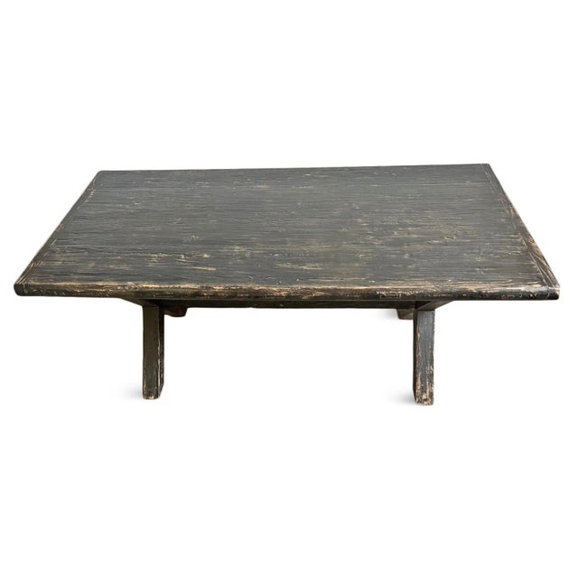 Handsome blackened wood farmhouse rustic modern dining table. Thick 2.5" solid salvaged ld elm with deep grain and...