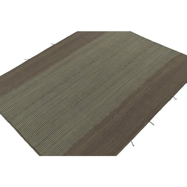 Rug & Kilim Rug & Kilim’s Modern Kilim Rug in Brown & Blue Textural Stripes For Sale - Image 4 of 7