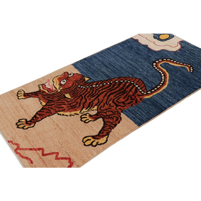Rug & Kilim Rug & Kilim’s Contemporary Tiger Pictorial Rug in Beige, Blue and Red Tones For Sale - Image 4 of 7