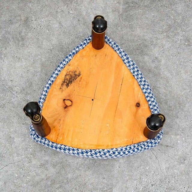 Brown Mid Century Danish Modern Tripod Ottoman 3 Legs Wood Rolling Blue White Triangle For Sale - Image 8 of 12