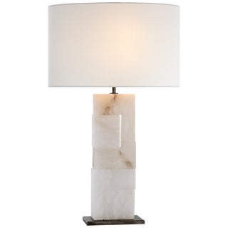 Ian K. Fowler for Visual Comfort Signature Ashlar Large Table Lamp in Alabaster & Bronze with Linen Shade For Sale