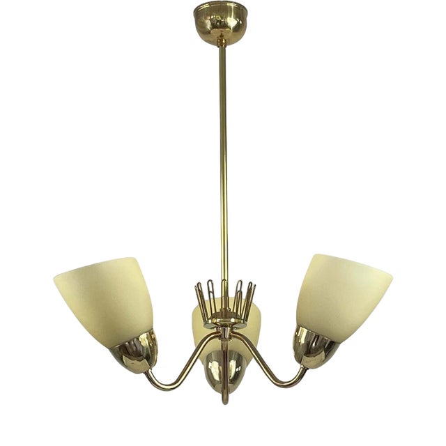 Brass & Opaline Glass 3-Arm Chandelier attributed to Hans Bergström for Asea, Sweden, 1950s For Sale