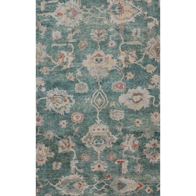 Green Color Turkish Oushak Rug Made with Hand Spun Wool & All-Over Design. Turkish Oushak Rug With Green, Taupe, Tan,...