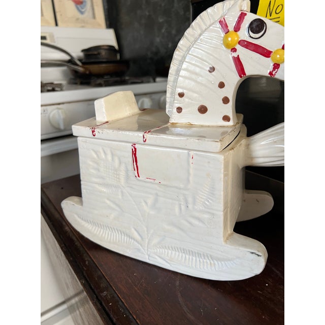 Metlox Manufacturing Company Metlox Vintage White Hand Painted Rocking Horse Cookie Jar W/Red Harness For Sale - Image 4 of 9