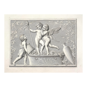 Antique Cupid and Bacchus Stomping Grapes Engraving