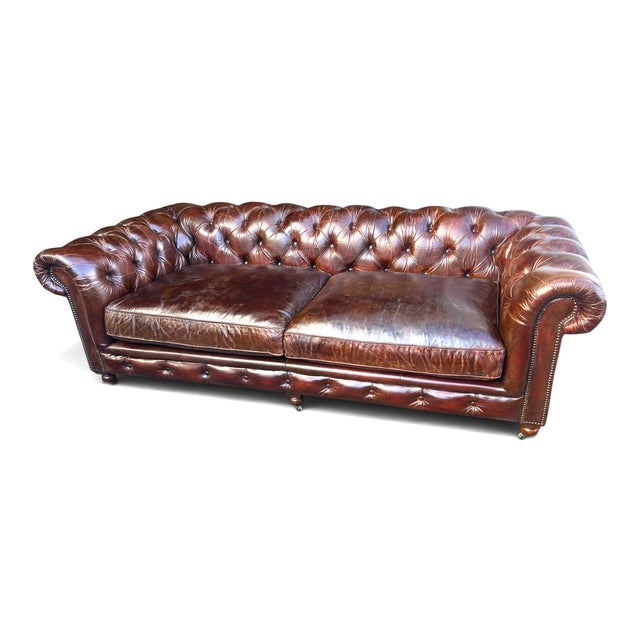 1960s Restoration Hardware Chesterfield Cognac Leather Sofa With Brass Nailhead & Casters For Sale - Image 5 of 18