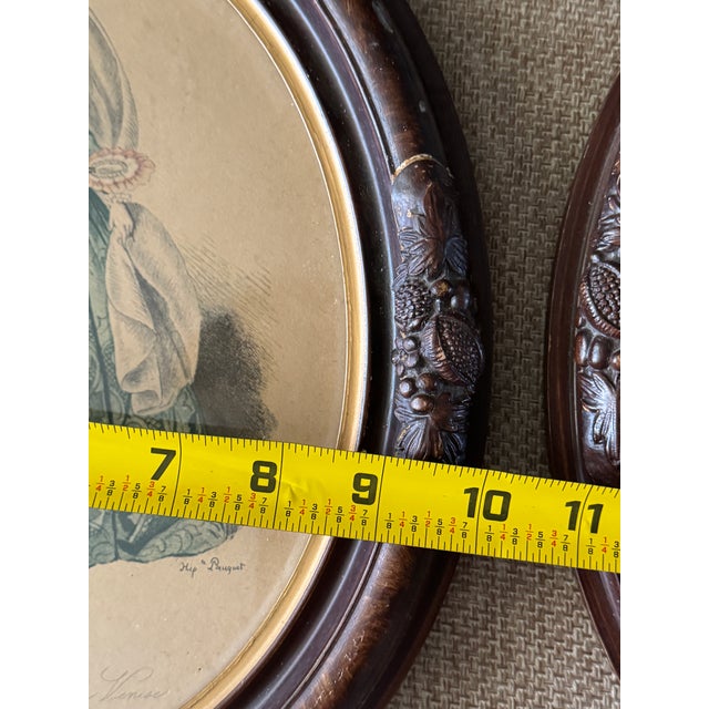Pair of Vintage Framed French Historical Costume Prints After Hippolyte Paquet Carved Oval Wood Frames European Fashion Illustrations For Sale - Image 4 of 12