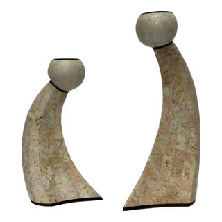 1980’s Sculptural Postmodern Maitland Smith Tessellated Stone & Brass Inlaid Candle Holders For Sale