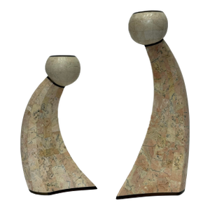 1980’s Sculptural Postmodern Maitland Smith Tessellated Stone & Brass Inlaid Candle Holders