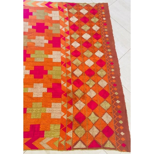 Red Antique Phulkari Wedding Shawl, Bright Colors of Silk Embroidery on Cotton For Sale - Image 8 of 13
