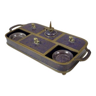 Late 19th Century Chinese Qing Cloisonné Opium Tray With Original Burner, Foo Dog Covers & Six Dishes For Sale