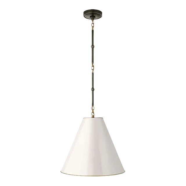 Thomas O'Brien for Visual Comfort Signature Goodman Small Hanging Light in Bronze & Hand-Rubbed Antique Brass with Antique White Shade For Sale