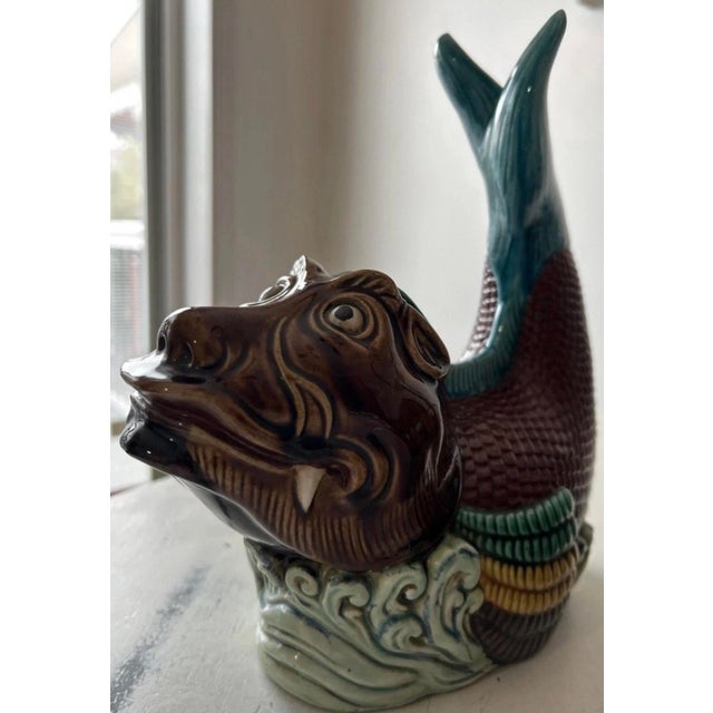 Chinese Vintage Pair of Chinese Porcelain Statues of Koi Dragon Carp Dragon Fish Figurines. 10"h & 9.5"h For Sale - Image 3 of 14