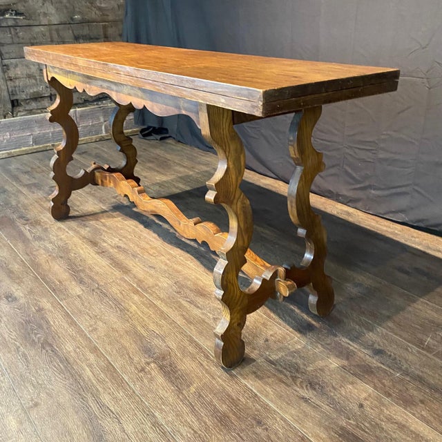 Brown French Console Table or Dining Table With Carved Trestle Base and Folding Top For Sale - Image 8 of 8