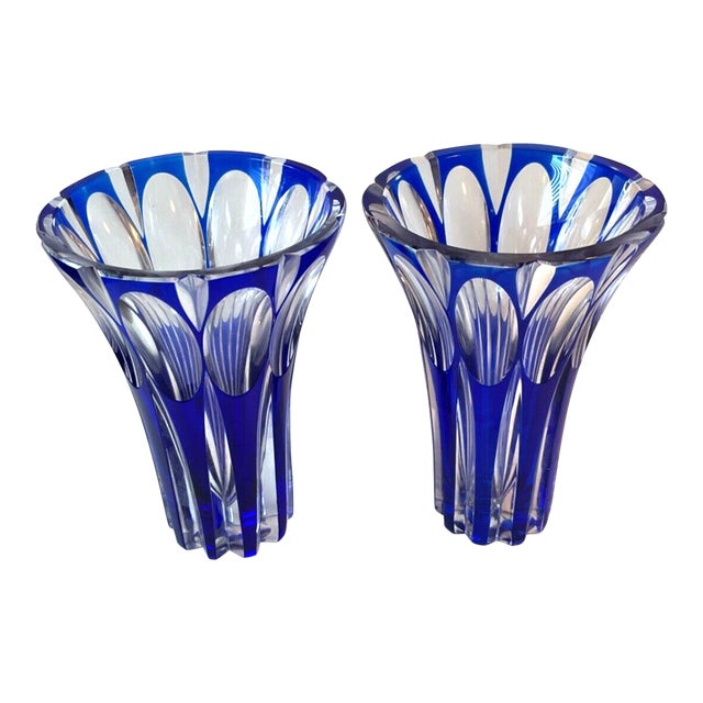 1930s Bohemian Crystal Cobalt Blue Cut to Clear Glass Vases - Set of 2 For Sale