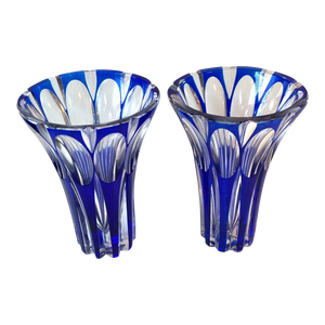 1930s Bohemian Crystal Cobalt Blue Cut to Clear Glass Vases - Set of 2