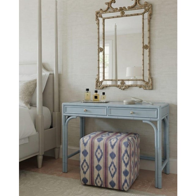 Vintage Blue and Indigo Ikat Pattern Upholstered Cube Ottoman For Sale - Image 11 of 12