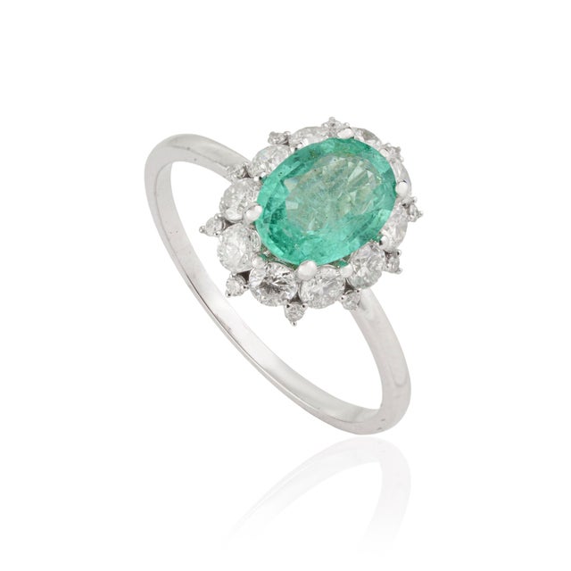 14k Gold Statement Oval Emerald & Diamond Cluster Engagement Ring Size 6 For Sale - Image 4 of 15