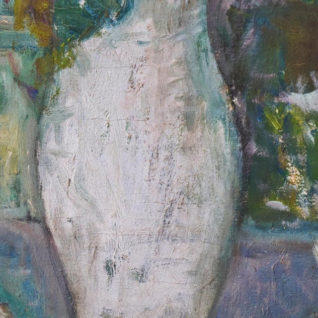 White Sunflowers in White Vase, Oil on Canvas, 1940s For Sale - Image 8 of 14