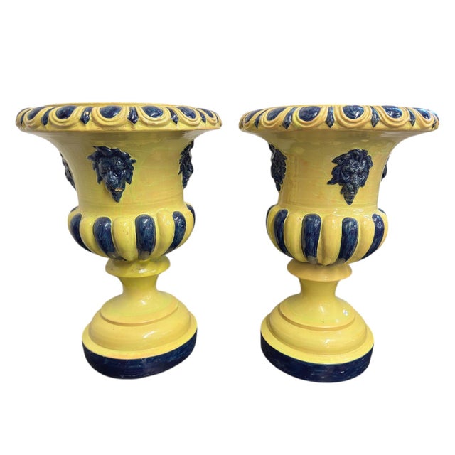 Pair of Italian Hand Painted Lion Head Neoclassic Yellow Urns For Sale - Image 4 of 5