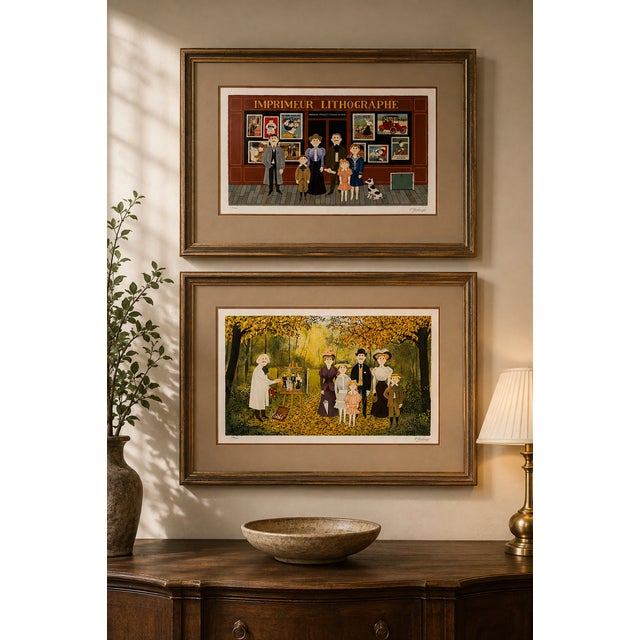 A charming pair of large limited-edition serigraphs by French naïve artist Fernand Boilauges (1891–1991), each pencil...