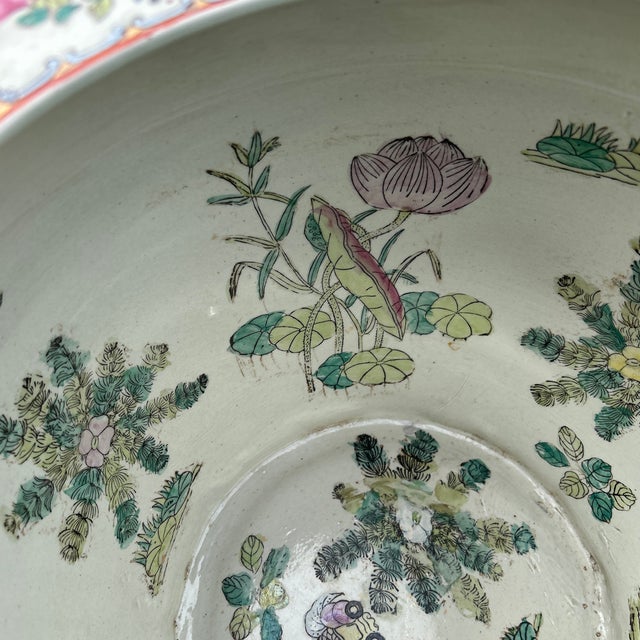 Vintage Large Porcelain Hand Painted Medallion Chinese Famille Rose Fishbowl /Jardiniere For Sale In Chicago - Image 6 of 12