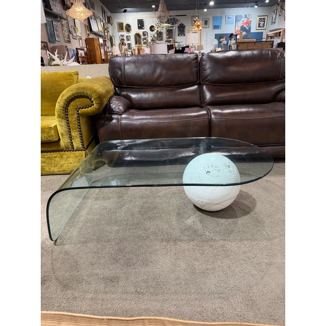 Sculpture Materials Late 20th Century Postmodern Waterfall Glass Coffee Table With Plaster Orb Base For Sale - Image 7 of 7