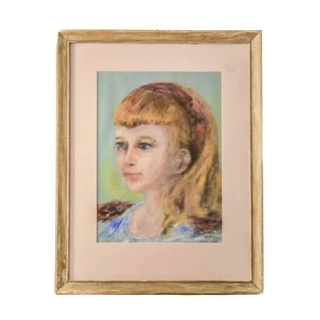 Vintage Portrait of a Girl "Pretty Blue Eyes" Pastel Drawing on Paper, Circa 1950s For Sale - Image 4 of 4