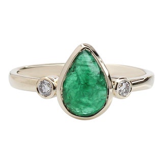 1.3ct Emerald Ring W Earth Mined Diamonds in Solid 14k Yellow Gold Pear Shape Size 6.75 For Sale
