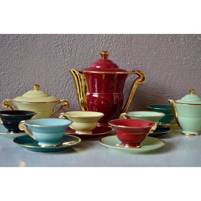 Art Deco Harlequin Coffee Service in Colored and Gilded Porcelain, 1940s, Set of 15 For Sale - Image 3 of 18