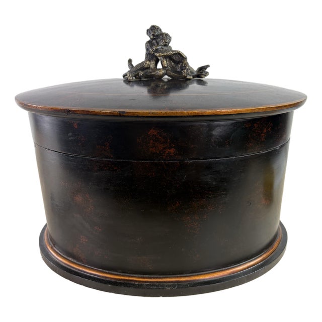 Large Handcrafted Oval Dresser Box With Bronze Monkey Handle For Sale