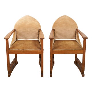 Arts and Crafts Oak Armchairs with Velour Upholstery, Set of 2 For Sale