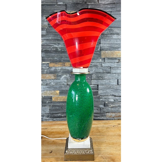 This exceptional torchiere lamp is truly one-of-a-kind, a masterful fusion of Murano art glass pieces and vintage marble...