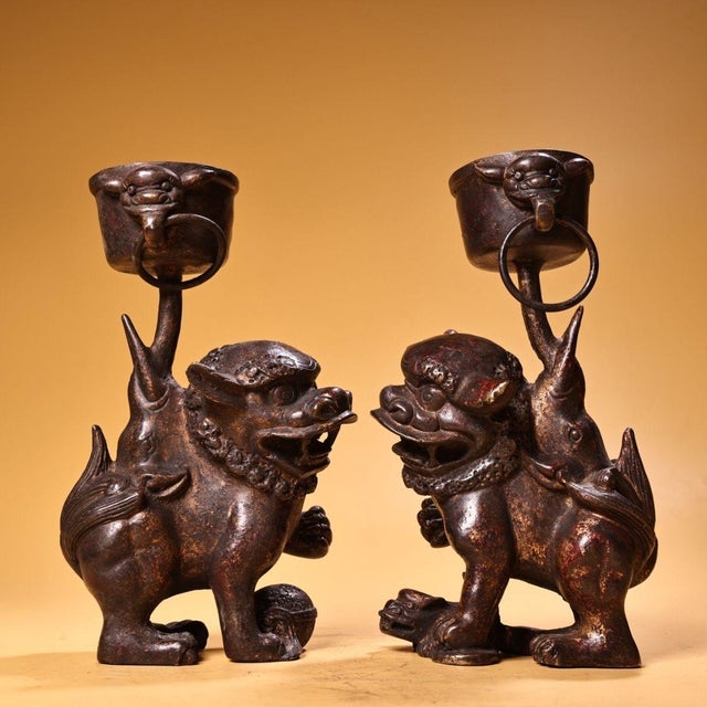 Pair of Antique Chinese Gilt Bronze Foo Dog Candle Holders With Ring Handles For Sale - Image 10 of 10