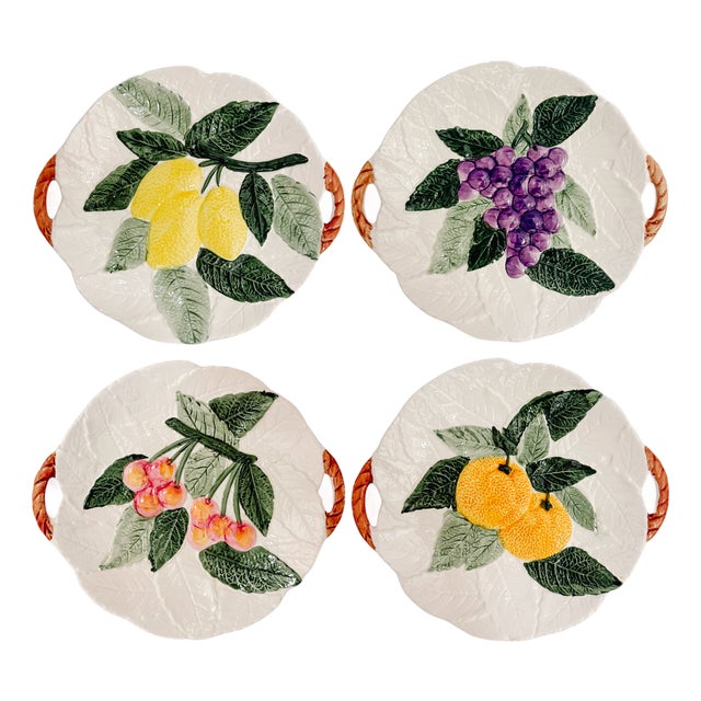 Vintage Japanese Majolica Embossed Fruit Handled Plates - Set of 4 For Sale