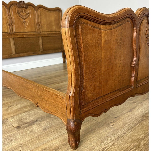 Vintage Louis XVI French Oak Double Bed Frame with Carved Headboard For Sale - Image 9 of 13
