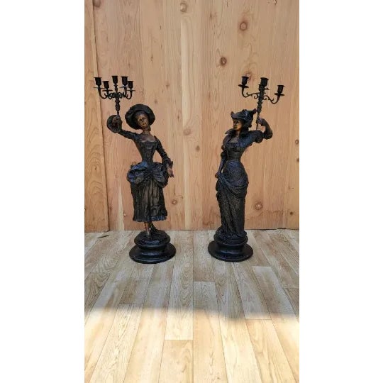 Antique Neoclassical French Spelter Bronze Candelabra Statues - Set of 2 For Sale - Image 9 of 9