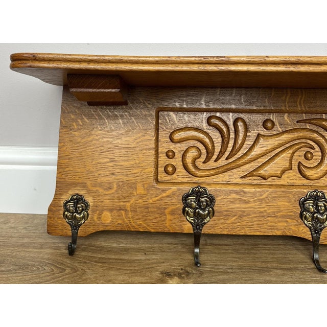Vintage French Carved Oak Wall Mounted Six Hooks For Sale - Image 10 of 11