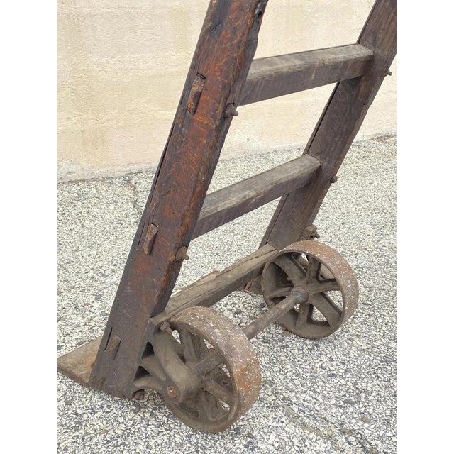 Antique Industrial Vintage Oak Wood and Steel Metal Factory Hand Truck For Sale - Image 11 of 12