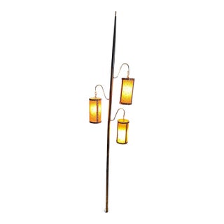 Mid-Century Modern 1960s 3-Light Tension Pole Lamp With Amber Lantern Shades For Sale