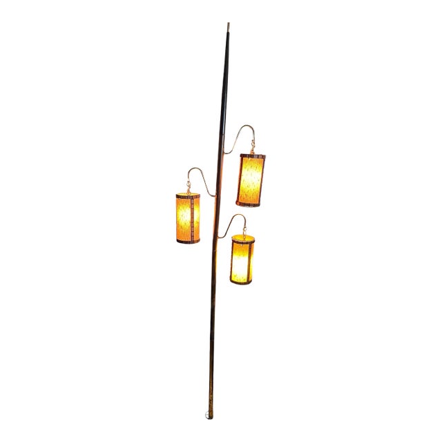 Mid-Century Modern 1960s 3-Light Tension Pole Lamp With Amber Lantern Shades For Sale