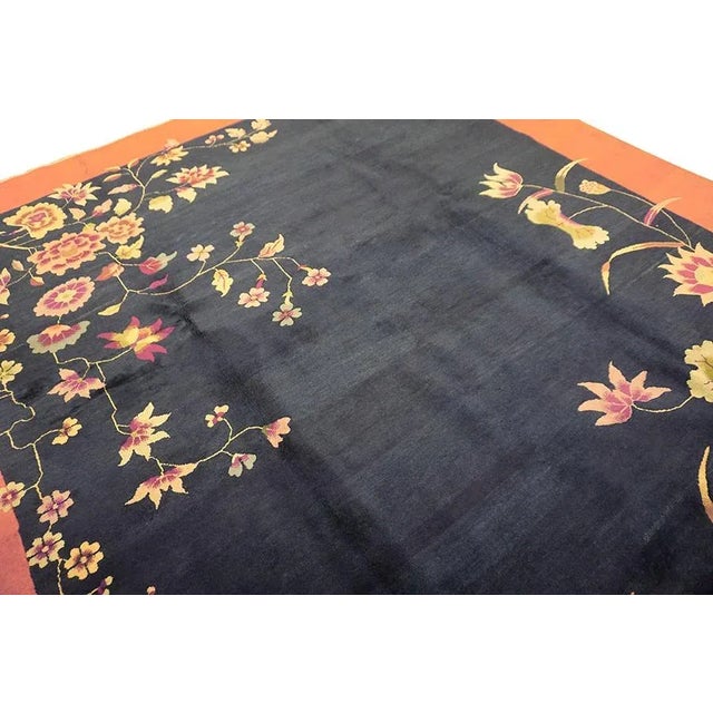 1920s Navy Blue Floral Antique Chinese Art Deco Carpet 9' X 11'2" Knotetd Wool Rug For Sale In New York - Image 6 of 9