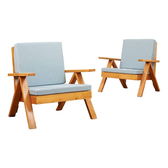 Armchairs with Wooden Frame and Seat and Back in Fabric, Set of 2 For Sale